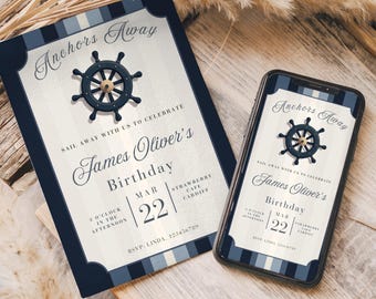 Nautical Birthday Invitation, Editable Ships Wheel Party Invite, Digital Download