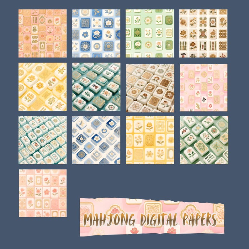Mahjong Pattern Paper Mahjong Digital Papers|floral Oriental Tiles|png|scrapbook Paper ...