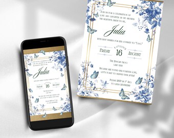 May include: A wedding invitation and a smartphone displaying the same design. The invitation features a gold border, blue floral and butterfly accents, and the name "Julia." The date is August 16th.