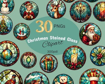 Clipart de Noël en vitrail : images PNG uniques, téléchargement immédiat pour des créations d'hiver et des créations par sublimation