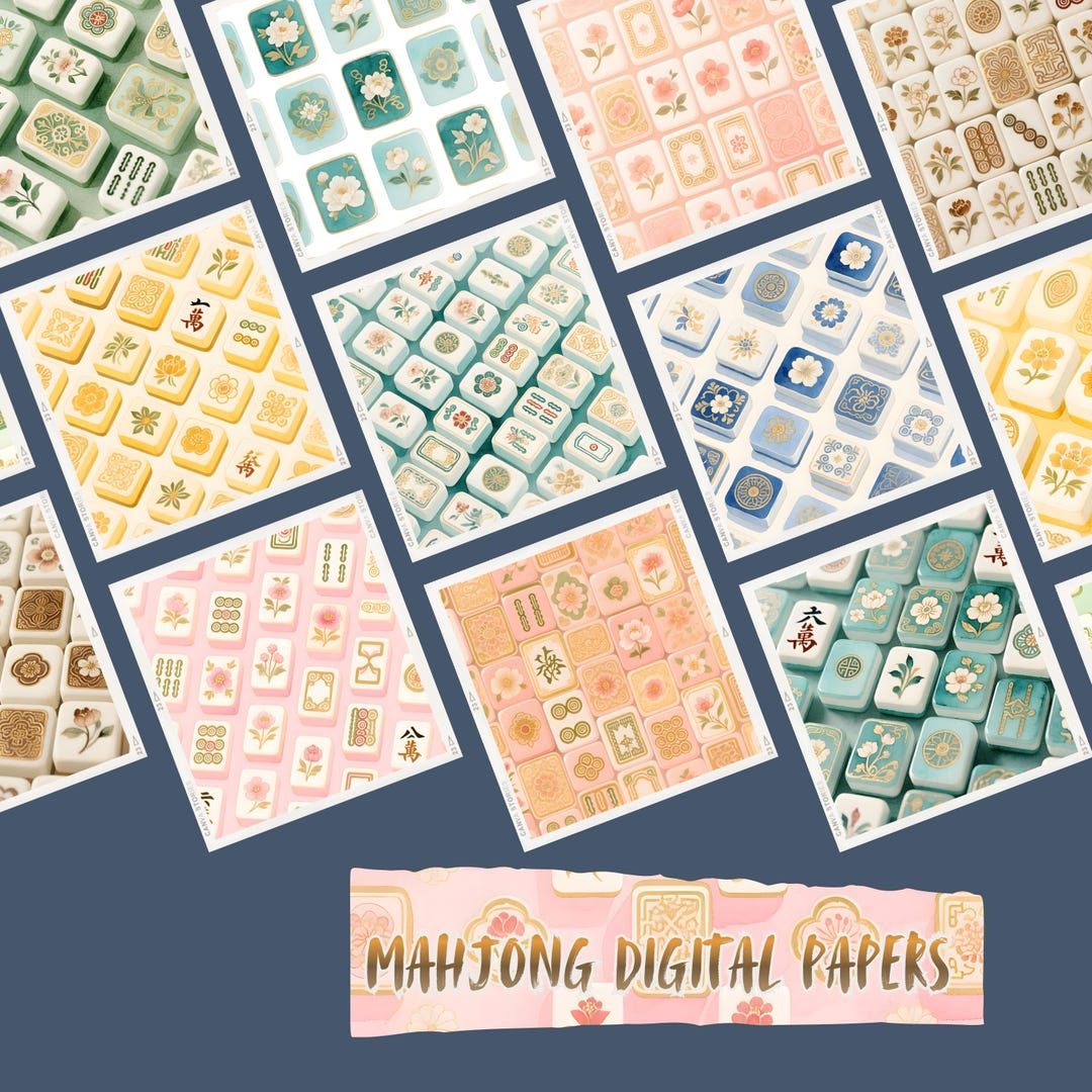 Mahjong Pattern Paper Mahjong Digital Papers|floral Oriental Tiles|png|scrapbook Paper ...