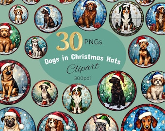 Clipart de Noël en vitrail de chiens avec des chapeaux : Images PNG uniques, téléchargement immédiat pour créations manuelles et créations par sublimation