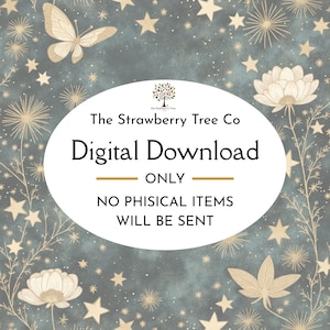 Peut inclure: Graphique de t&eacute;l&eacute;chargement num&eacute;rique avec un fond bleu-vert et des &eacute;toiles dor&eacute;es, des papillons et des accents floraux. Le texte indique "The Strawberry Tree Co" et "Digital Download ONLY NO PHISICAL ITEMS WILL BE SENT."