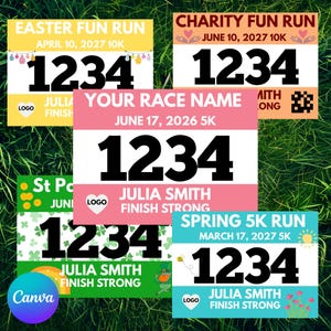 May include: A selection of colourful race bibs, each displaying the number 1234 in a bold black font. The bibs include event information such as "Easter Fun Run" and "Spring 5K Run", plus participant names and logos. The background is green.