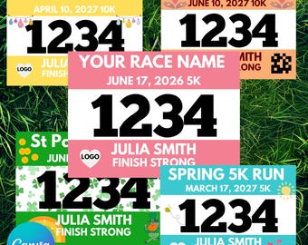 May include: A collection of colorful race bibs with the number 1234 in large black font. Each bib features event details like "Easter Fun Run" and "Spring 5K Run", along with participant names and logos. The bibs are set against a green background.