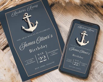 Blue Nautical Birthday Invitation, Editable Anchor Party Invite, Digital Download