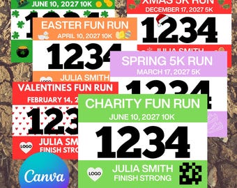 Race Bib Template, Custom Race Bib, Printable Editable Running Bib, Digital Canva Template for Runners 7.5x5.5,