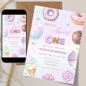 Invitación de cumpleaños para niña de helados "She's a Sweet One", invitación de cumpleaños editable para una dulce celebración, invitación de cumpleaños con temática de Candyland y Donut Mobile.