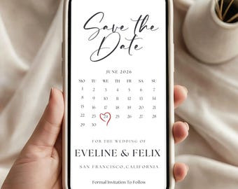 Sjabloon voor elektronische kalender, Save the Date, moderne minimalistische Save the Date-uitnodiging, digitale bruiloftsuitnodiging, e-card, iPhone-uitnodiging
