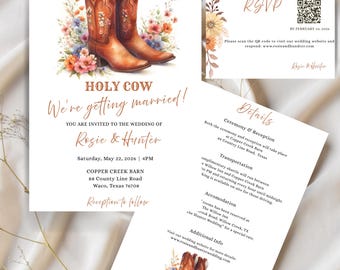 Editable Western Wedding Invitation Suite, Rustic Country Wedding Invitation Set, Boho Barn Wedding Announcement, Farm Wedding Template