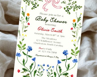 Little Wildflower Baby in Bloom Baby Shower Invitation Template, Editable Coquette Floral Wreath Greenery Baby Shower Invite