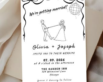 Plantilla de invitación de boda caprichosa dibujada a mano, invitación de boda ilustrada única y original editable, invitación de fuga moderna y divertida con estilo doodle