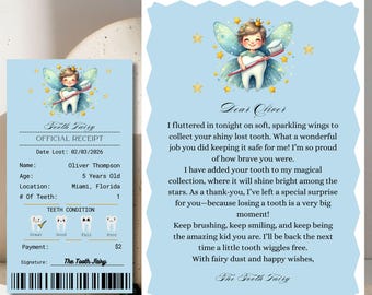 Editable Blue Tooth Fairy Letter And Receipt Set, Printable Tooth Fairy Bundle For Boys, Lost Tooth Certificate Fairy Note Letter For Boys