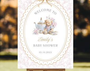 Editable Tea Party Baby Shower Welcome Sign, Vintage Teddy Bear Party Sign, Floral High Tea Party Welcome Poster, Baby is Brewing, Canva 22
