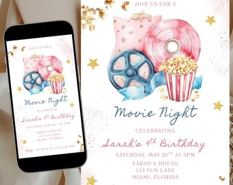 Girls Movie Night Birthday Party Invitation, Editable Pink Sleepover Slumber Party Invite, Popcorn, Movie, Pizza Party, Cinema Party Evite