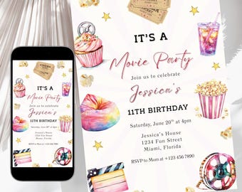 Girls Movie Party Birthday Invitation Template, Editable Pink Sleepover Movie Night Invite, Slumber Party, Pajama Party Popcorn, Movie Evite