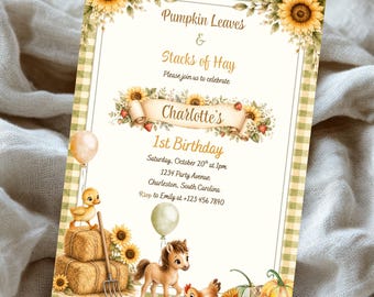 Fall Farmhouse Birthday Invite, Editable Barnyard Animals Invite, Rustic Pumpkin Patch, Ranch Kids Party, Cottage Birthday, Little Pumpkin