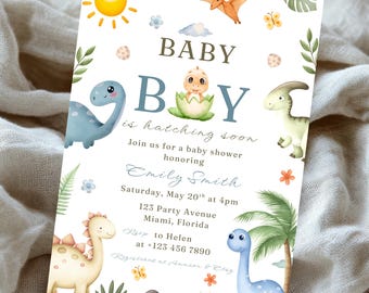 Dinosaur Hatching Soon Baby Shower Invitation Template, Editable Baby Boy Dino Egg Invite, Canva Digital Download 21