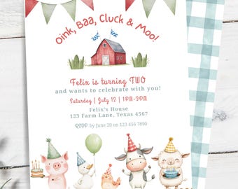 Oink Baa Moo Turning Two Birthday Invitation Template, Editable Boy 2nd Birthday Farm Animals Invite,Barnyard Pastel Red Green Kids Birthday