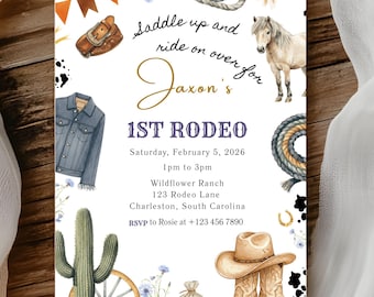Sjabloon eerste rodeo jongen verjaardagsuitnodiging, bewerkbare cowboy elke leeftijd verjaardagsfeestje uitnodigen, Wild West Ranch Southwestern uitnodigen, paardenboerderij