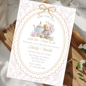 Teddy Bear Tea with the Mom to be Girl Baby Shower Invite,Editable Vintage Floral High Tea Party Invite,Bearly Wait Pink Toile Bow Evite 22
