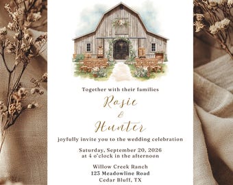 Boho Country Barn Wedding Invitation Template, Editable Ranch Western Wedding Announcement, Rustic Farm Cowboy Wedding, Wildflowers Invite