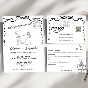 Whimsical Hand-Drawn Wedding Invitation Suite, Editable Funky Doodle Wedding Template, Scribble RSVP & Details Cards, Couple Illustration