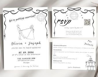 Whimsical Hand-Drawn Wedding Invitation Suite, Editable Funky Doodle Wedding Template, Scribble RSVP & Details Cards, Couple Illustration