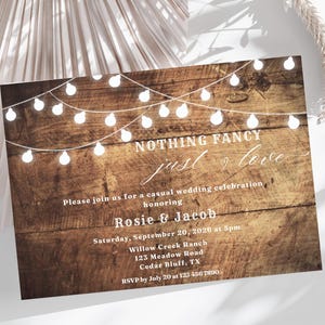 Country Western Wedding Invitation Template,Editable Nothing Fancy Just Love Barn Boho Cowboy Invite, Rustic Wooden Background String Lights
