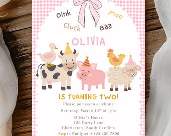 Invitación de cumpleaños para niña Coquette, segundo cumpleaños, con temática de granja, editable, con animales de granja, invitación para fiesta de cumpleaños campestre con estampado de cuadros rosas, 16