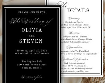 Luxury Old Money Black White Formal Wedding Invitation Suite,Editable Elegant Minimalist Elopement Invite Details Set,Timeless Classy Invite