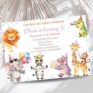 May include: A birthday party invitation featuring watercolor illustrations of cartoon animals, including a lion, elephant, zebra, hippo, giraffe, monkey, and alligator. The invitation text reads "Olivia is turning 3!" and includes party details.
