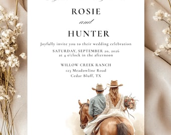 Boho Rustic Wedding Invitation Template, Editable Western Country Cowboy Couple on Horse Wedding Announcement, Farm Ranch Wedding Invite