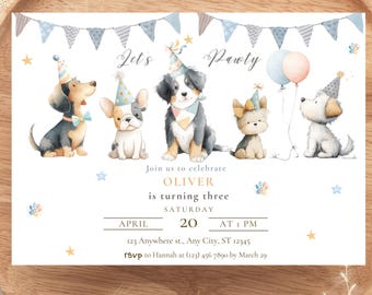 Let's Pawty Dog Puppy Pastel Birthday Invitation Template, Editable Calling All Party Animals Dog Invite, Cute Puppy, Boys Birthday Party