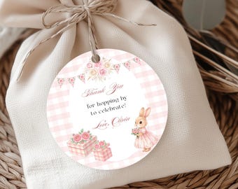 Boho Bunny Girl Birthday Party Favor Tags, Editable Pink Bunny Rabbit Birthday Thank You Tags,Easter Bunny Birthday Gift Tag, Party Decor 03