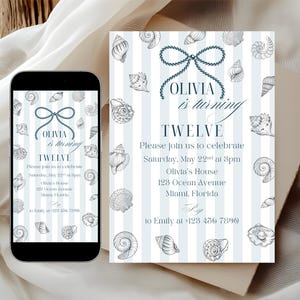 May include: A birthday invitation with a nautical theme. The invitation features a blue and white striped background with seashell illustrations. The text reads "Olivia is turning twelve". A smartphone displays the same design.