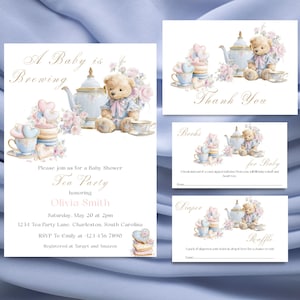 May include: Baby shower tea party invitation and cards. The invitation features a teddy bear, teapot, and teacups illustration. The text reads "A Baby is Brewing" and details for the event. Additional cards include "Thank You", "Books for Baby", and "Diaper Raffle".