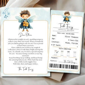 Może przedstawiać: Zestaw paragonu i listu Wróżki Zębuszki. Na paragonie znajduje się ilustracja wróżki, data, imię, wiek, lokalizacja i stan zęba. List jest zaadresowany do Olivera i opisuje kolekcję zębów.