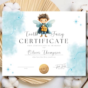 May include: A Tooth Fairy Certificate with a cartoon fairy illustration. The certificate has a light blue watercolor design and includes the text "Tooth Fairy Certificate" and space to write a child's name and date.