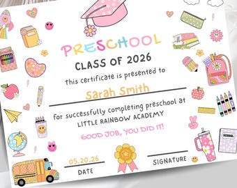 Editable Preschool Graduation Certificate for Girls,Groovy Kindergarten Diploma Template, PreK Grad Award,Last Day of School Keepsake,Canva