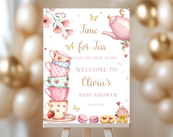 Vintage Tea Party Baby Shower Welcome Sign, Editable Floral Afternoon Tea Baby Shower Decoration, A Baby is Brewing Welcome Poster, Canva 23