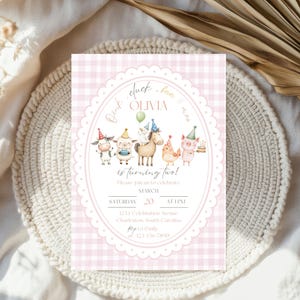 Pink Oink Baa Moo Turning Two Girl Barnyard Birthday Invitation Template, Editable Farm Animals Gingham Country Second Birthday Invite 15 image 4