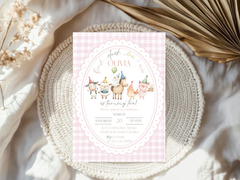 Pink Oink Baa Moo Turning Two Girl Barnyard Birthday Invitation Template, Editable Farm Animals Gingham Country Second Birthday Invite 15 image 4