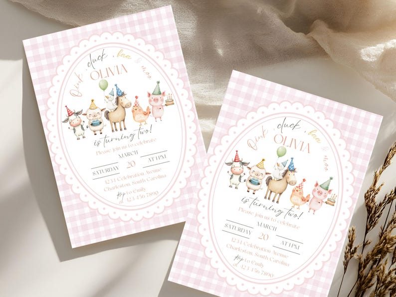 May include: Two pink gingham-patterned birthday invitations. Each invitation features an oval design with farm animal illustrations and the text "Olivia is turning two!" The invitations include event details.