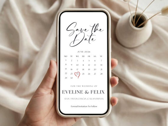 Electronic Calendar Save The Date Template, Modern Minimalist Save the Date Evite, Digital Wedding Invite, Ecard, iPhone Invitation