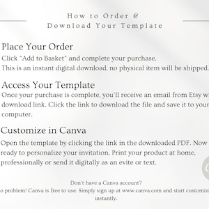 May include: A white background with text detailing how to order and download a template. Instructions include placing an order, accessing the template, and customizing in Canva. The Canva logo is visible.