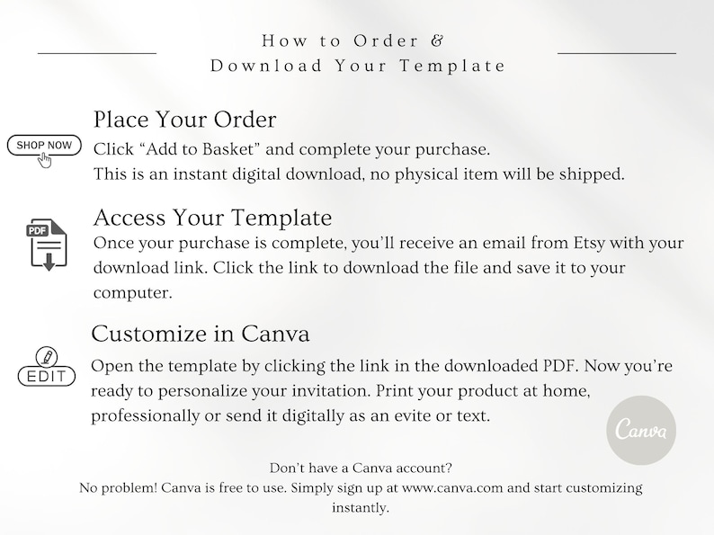 May include: A white background with text detailing how to order and download a template. Instructions include placing an order, accessing the template, and customizing in Canva. The Canva logo is visible.