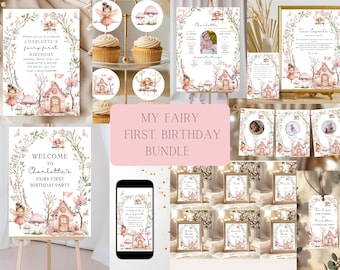 Pink Boho Girl My Fairy First Birthday Bundle,Editable Wildflower Enchanted Fairy Party Set,Whimsical Garden Woodland 1st Birthday Decor 02