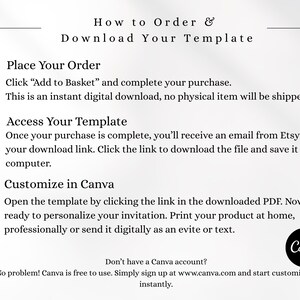 May include: A white graphic with text that reads "How to Order & Download Your Template." Instructions include "Place Your Order," "Access Your Template," and "Customize in Canva." A Canva logo is in the bottom right corner.
