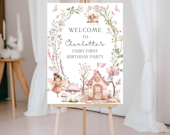 Boho Pink Wildflower Girl Fairy First Birthday Party Welcome Sign,Editable Fairy 1st Birthday Decoration,Enchanted Woodland Party 02